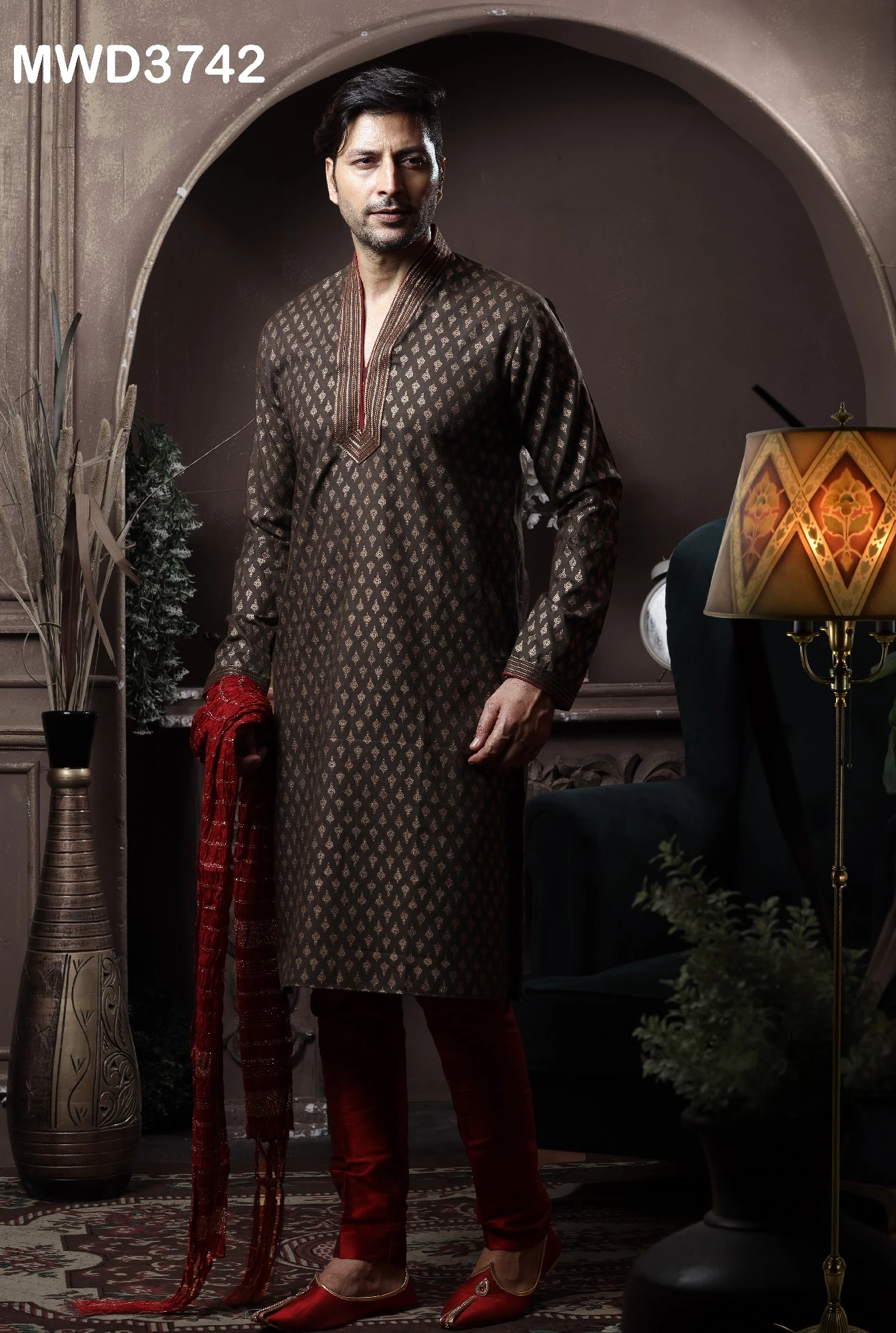 Mens Brown Kurta Pajama In Printed Design, 36-1.webp